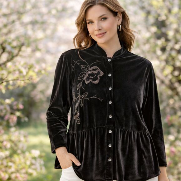 J. Jill Tops - J. Jill Black Velvet Embroidered Top M Floral Whimsigoth Gothic Romantic Blouse